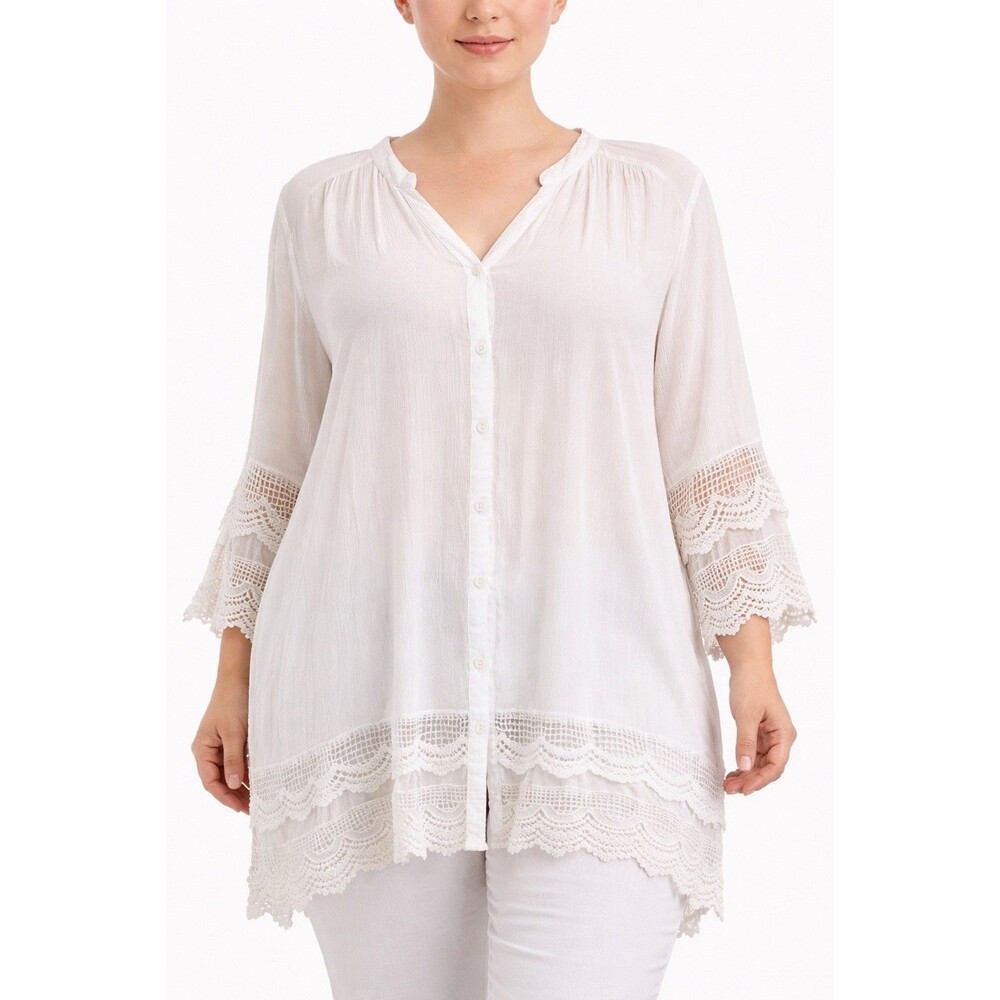 Club Z Collection 3X White Boho‎ Lace Tunic Button Front Rayon Top Resort Summer
